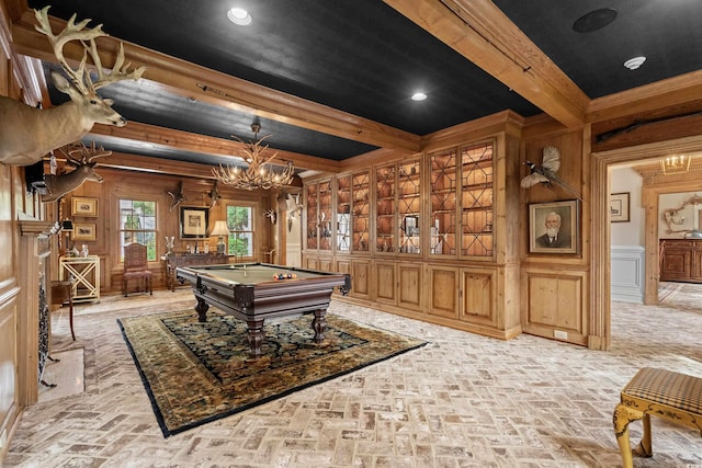 playroom featuring beam ceiling, a chandelier, and pool table