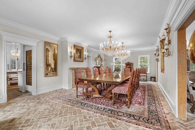 dining room with ornamental molding and a chandelier