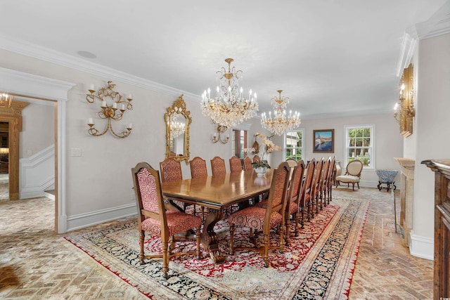 dining area featuring crown molding and a chandelier