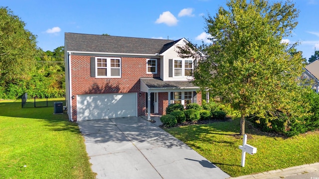 view of front of property with a front lawn, central AC, and a garage