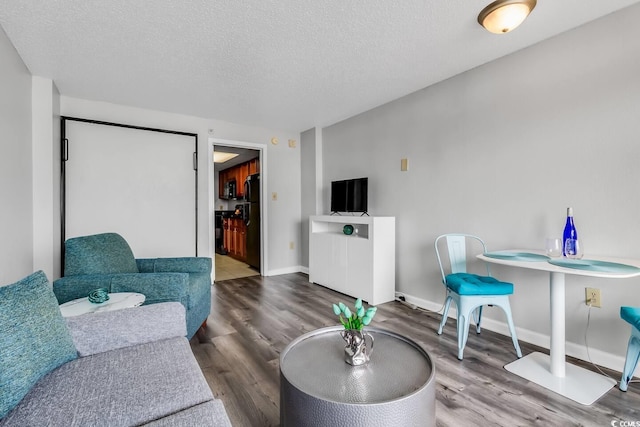 living room with wood-type flooring and a textured ceiling