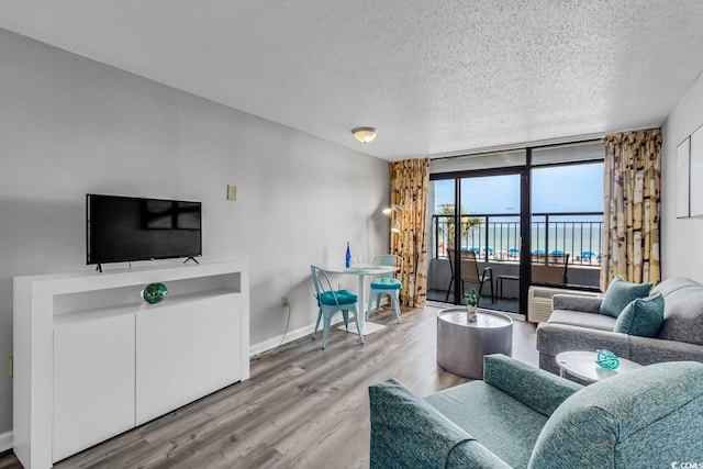 living room featuring hardwood / wood-style flooring and a textured ceiling