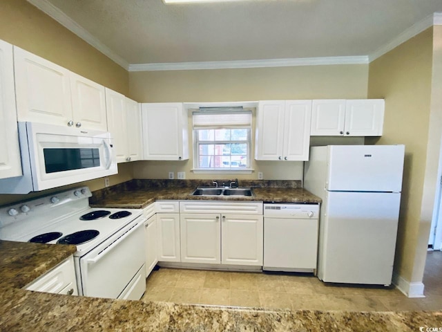 kitchen with crown molding, sink, white cabinets, and white appliances