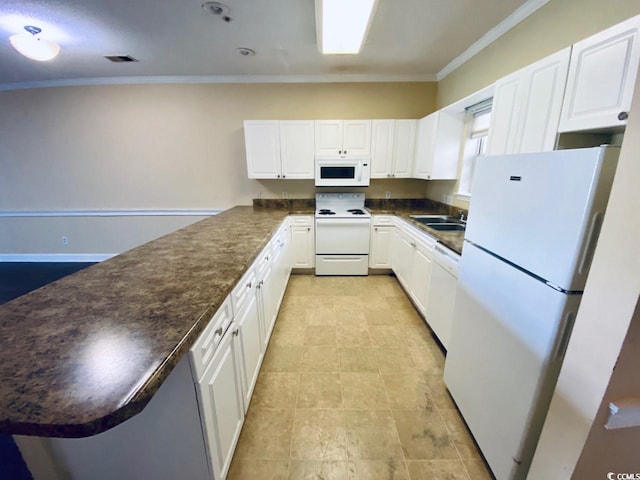 kitchen with white cabinetry, sink, white appliances, and crown molding