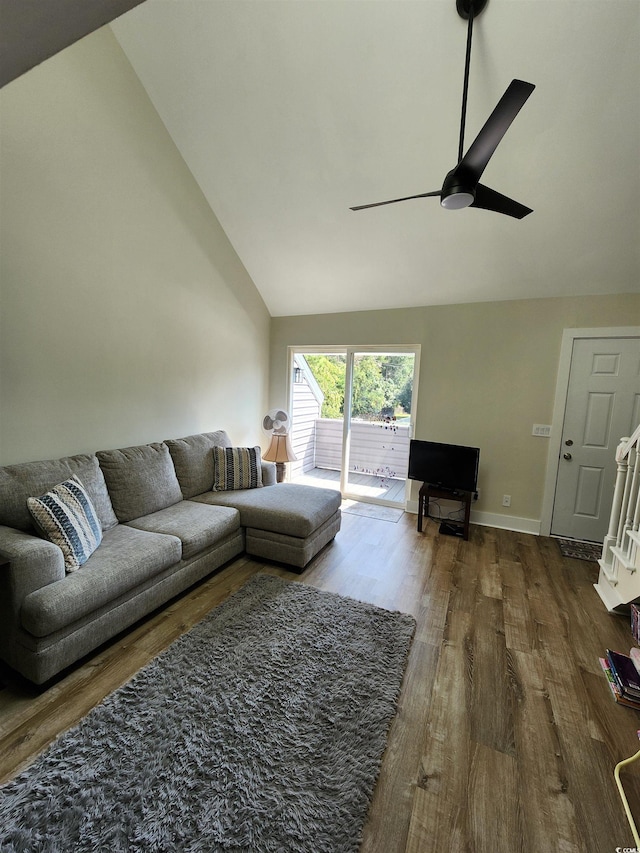 living room with high vaulted ceiling, hardwood / wood-style flooring, and ceiling fan