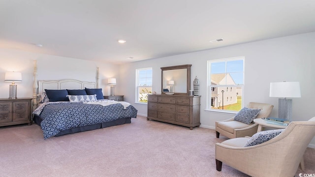 bedroom with light carpet