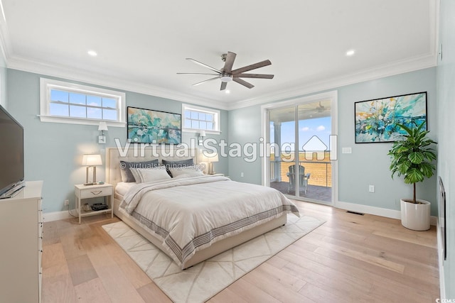 bedroom with ceiling fan, light hardwood / wood-style flooring, crown molding, and access to exterior