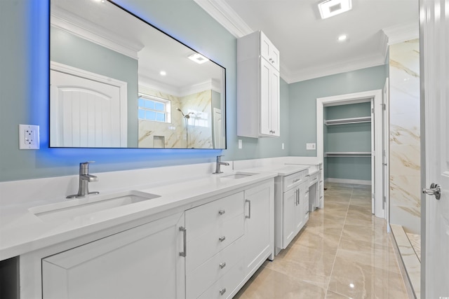 bathroom featuring a shower, ornamental molding, and vanity