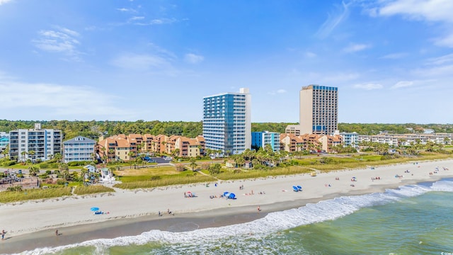 bird's eye view with a view of the beach and a water view