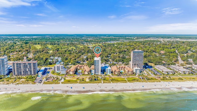 bird's eye view with a water view and a beach view