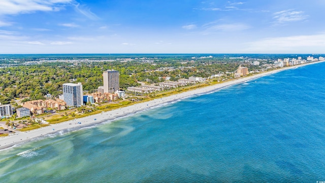 aerial view with a water view and a beach view