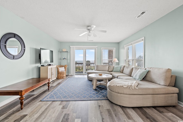 living room with a textured ceiling, hardwood / wood-style flooring, and a healthy amount of sunlight