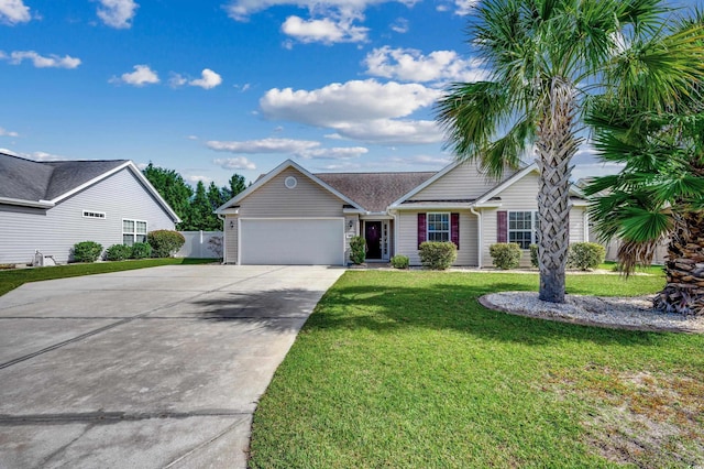 ranch-style house with a front yard and a garage