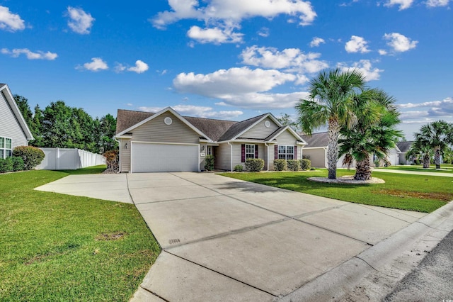 ranch-style house with a garage and a front yard