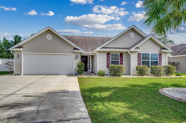 single story home featuring a front yard and a garage