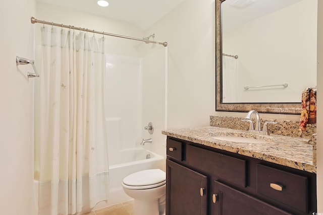 full bathroom featuring shower / bath combo, tile patterned floors, vanity, and toilet