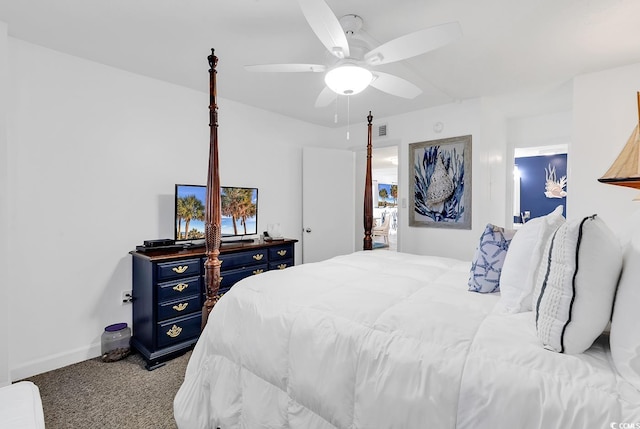 bedroom with light colored carpet and ceiling fan