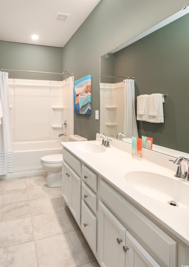 full bathroom with vanity, tile patterned flooring, toilet, and shower / bathtub combination with curtain