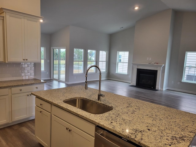 kitchen with tasteful backsplash, dark hardwood / wood-style flooring, light stone countertops, vaulted ceiling, and sink