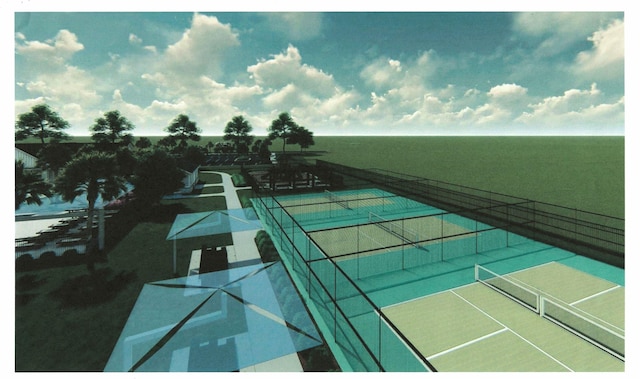 view of swimming pool with a water view and tennis court