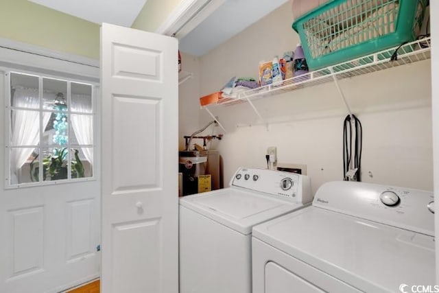 laundry area with water heater and washer and dryer