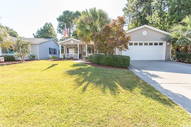 single story home featuring covered porch, a front yard, and a garage