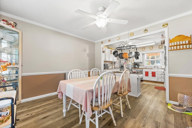 dining space with light wood-type flooring, crown molding, a textured ceiling, and ceiling fan