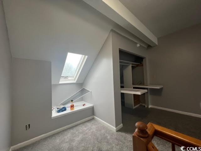 additional living space featuring carpet and vaulted ceiling with skylight