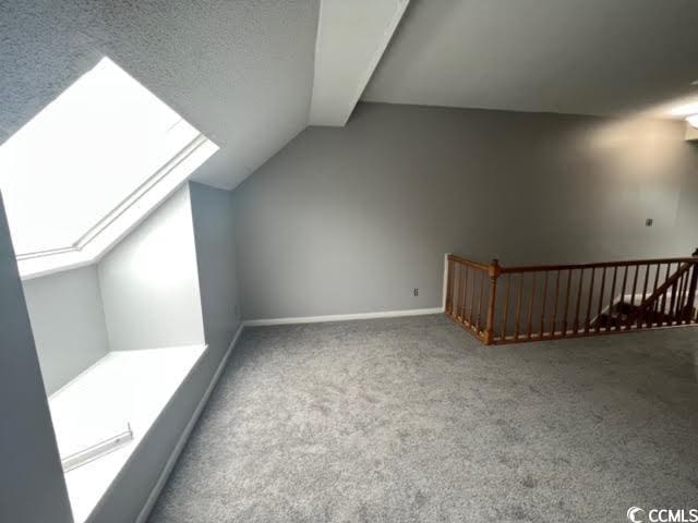 additional living space featuring lofted ceiling with skylight, carpet, and a textured ceiling