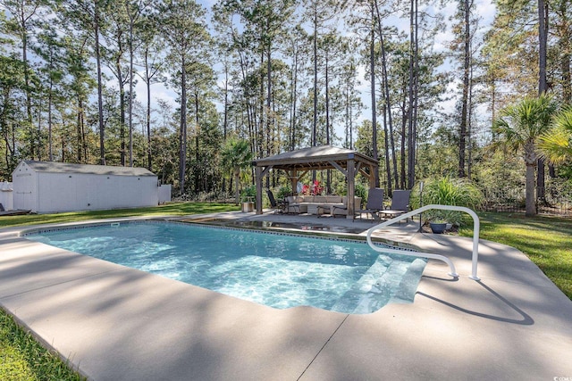 view of swimming pool with a gazebo, an outdoor hangout area, and a patio area