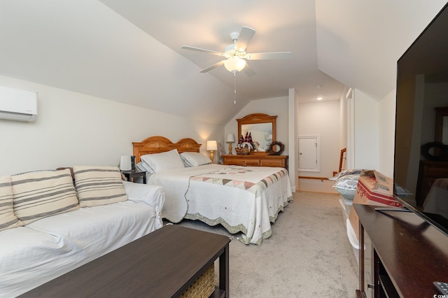 carpeted bedroom featuring ceiling fan, an AC wall unit, and vaulted ceiling