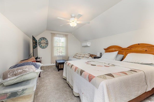 carpeted bedroom featuring a wall unit AC, vaulted ceiling, and ceiling fan