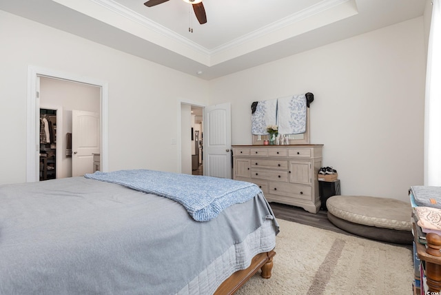 bedroom featuring crown molding, a tray ceiling, a closet, and ceiling fan