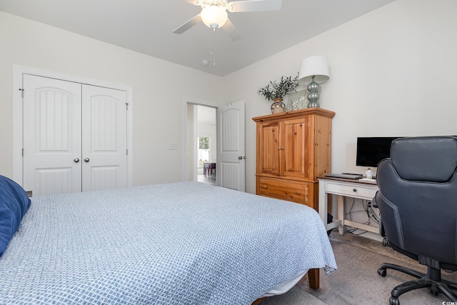 bedroom with carpet, a closet, and ceiling fan