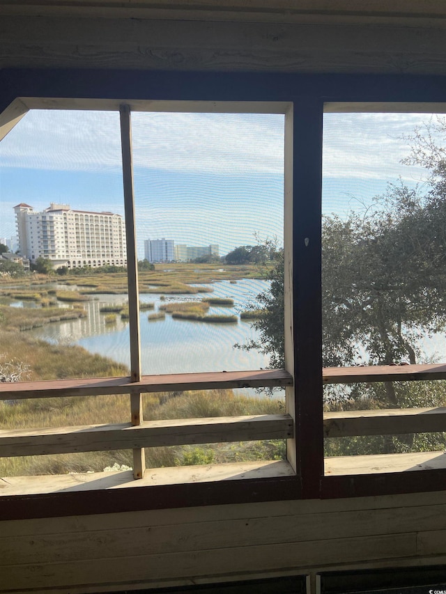 interior space with a water view