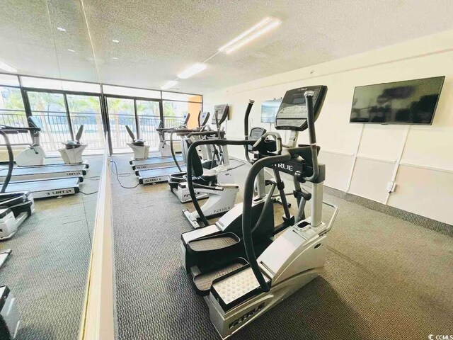 gym with a textured ceiling, carpet floors, and floor to ceiling windows