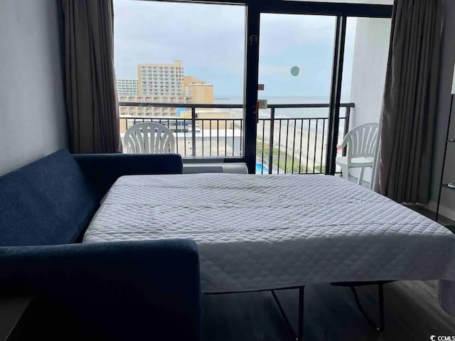 bedroom with a water view and multiple windows