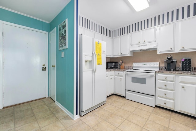 kitchen featuring white appliances, light stone counters, decorative backsplash, ornamental molding, and white cabinetry