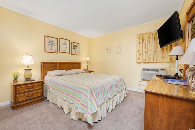 carpeted bedroom featuring a wall unit AC