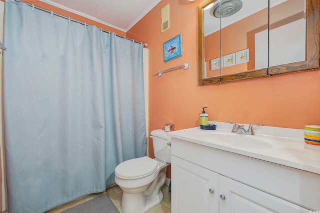 bathroom featuring vanity, curtained shower, tile patterned floors, crown molding, and toilet