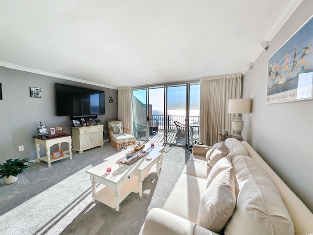 carpeted living room featuring ornamental molding and a wall of windows