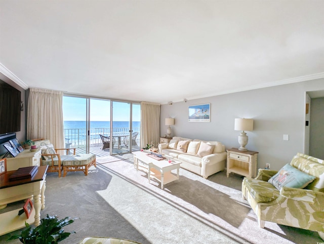 carpeted living room featuring ornamental molding, a water view, and a wall of windows