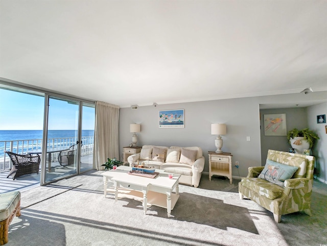 carpeted living room with a wall of windows, crown molding, and a water view