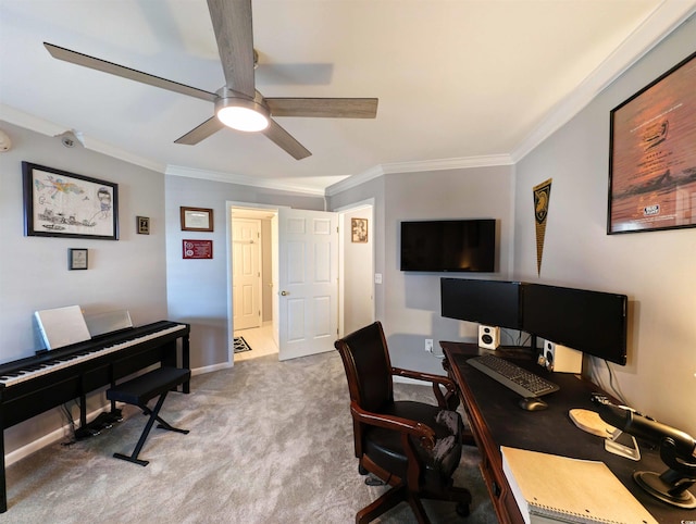 office area featuring crown molding, ceiling fan, and light colored carpet