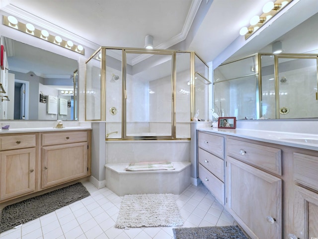 bathroom featuring tile patterned flooring, crown molding, separate shower and tub, and vanity