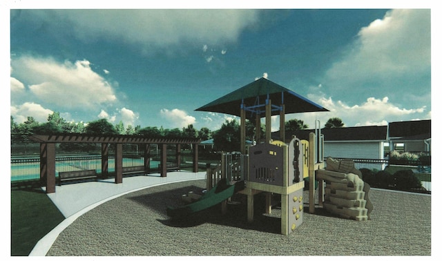 communal playground featuring a pergola and a community pool