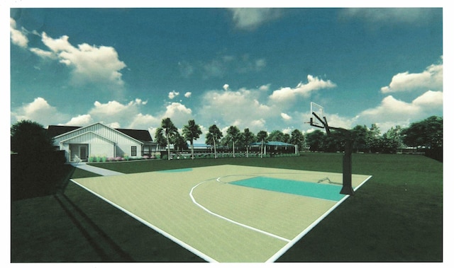 view of sport court featuring a yard