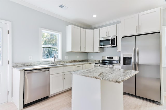 kitchen with stainless steel appliances, sink, a kitchen island, and white cabinets