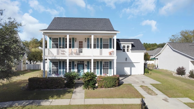 view of front of house with a porch, a front yard, a garage, and a balcony