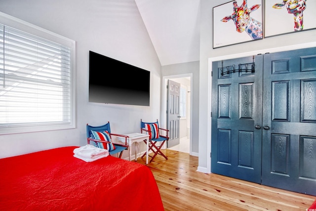 bedroom featuring lofted ceiling and hardwood / wood-style flooring